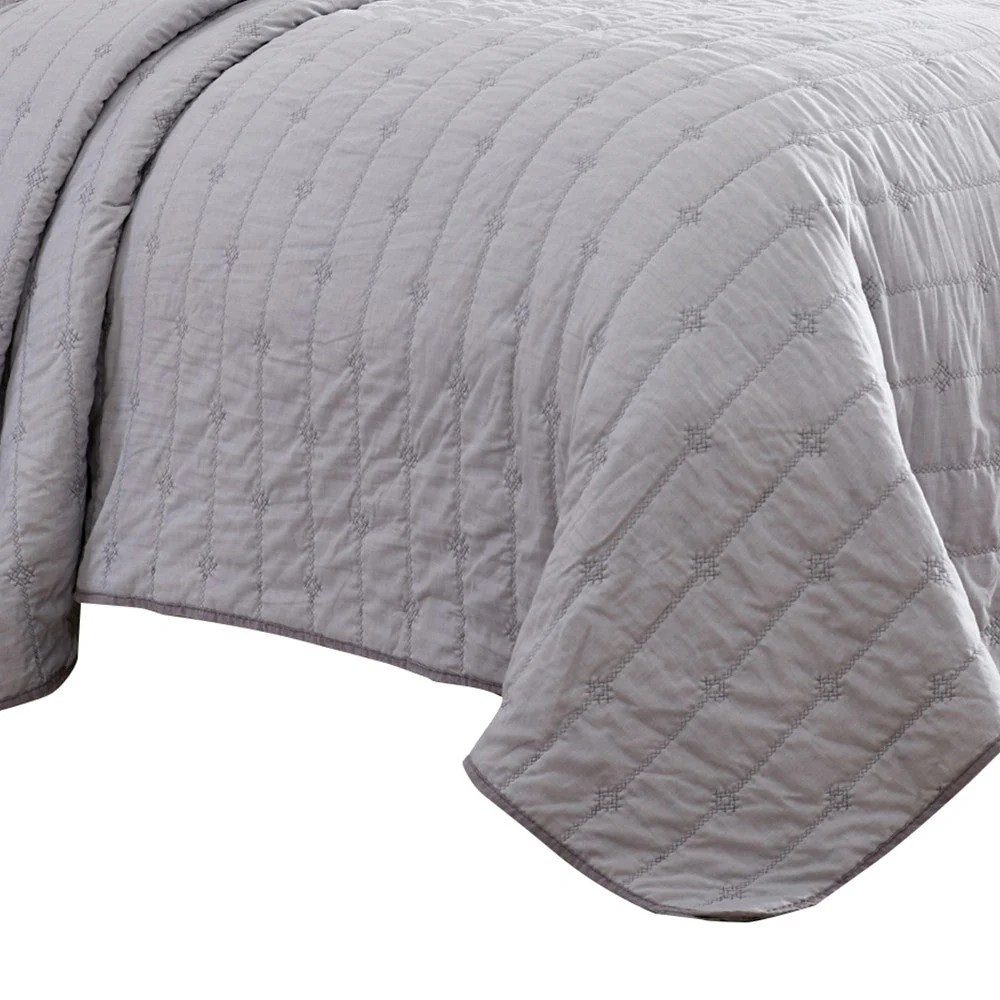 Queen Quilt Set, Light Gray, Channel Stitch, Soft Cotton Blend