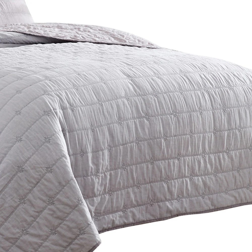 Queen Quilt Set, Light Gray, Channel Stitch, Soft Cotton Blend