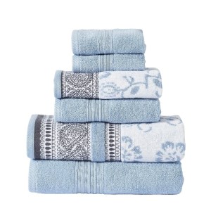 Luxury 6-Piece Cotton Bath Towel Set, Paisley Floral, Blue