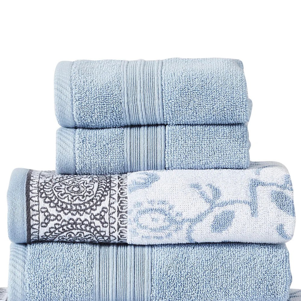 Luxury 6-Piece Cotton Bath Towel Set, Paisley Floral, Blue