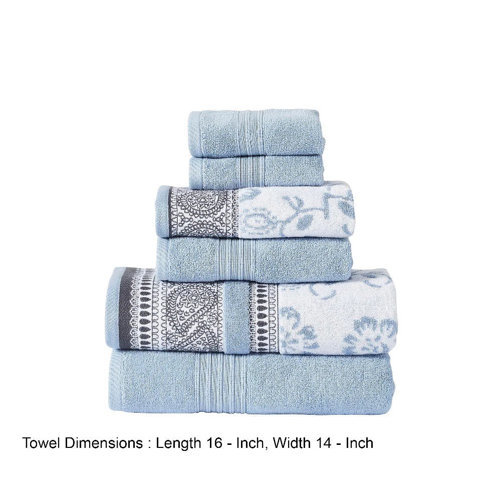 Luxury 6-Piece Cotton Bath Towel Set, Paisley Floral, Blue