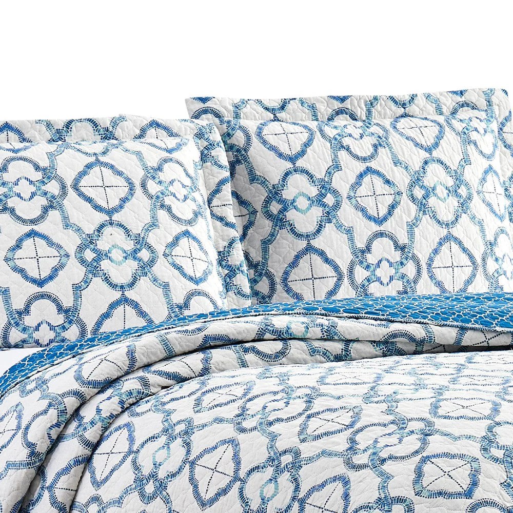 Queen Quilt Set, White Blue Embroidery, Cotton, 3 Piece
