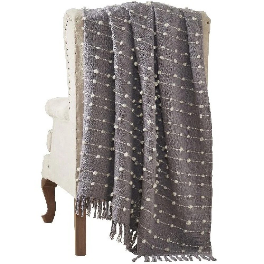 Gray Cotton Throw Blanket, Pompom Stripe, 60x70