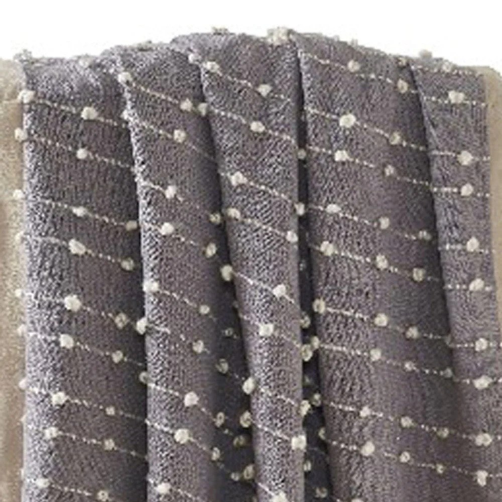 Gray Cotton Throw Blanket, Pompom Stripe, 60x70