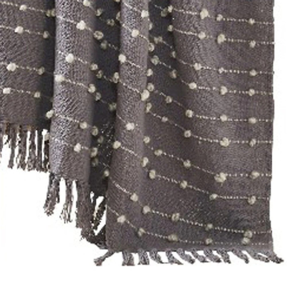 Gray Cotton Throw Blanket, Pompom Stripe, 60x70