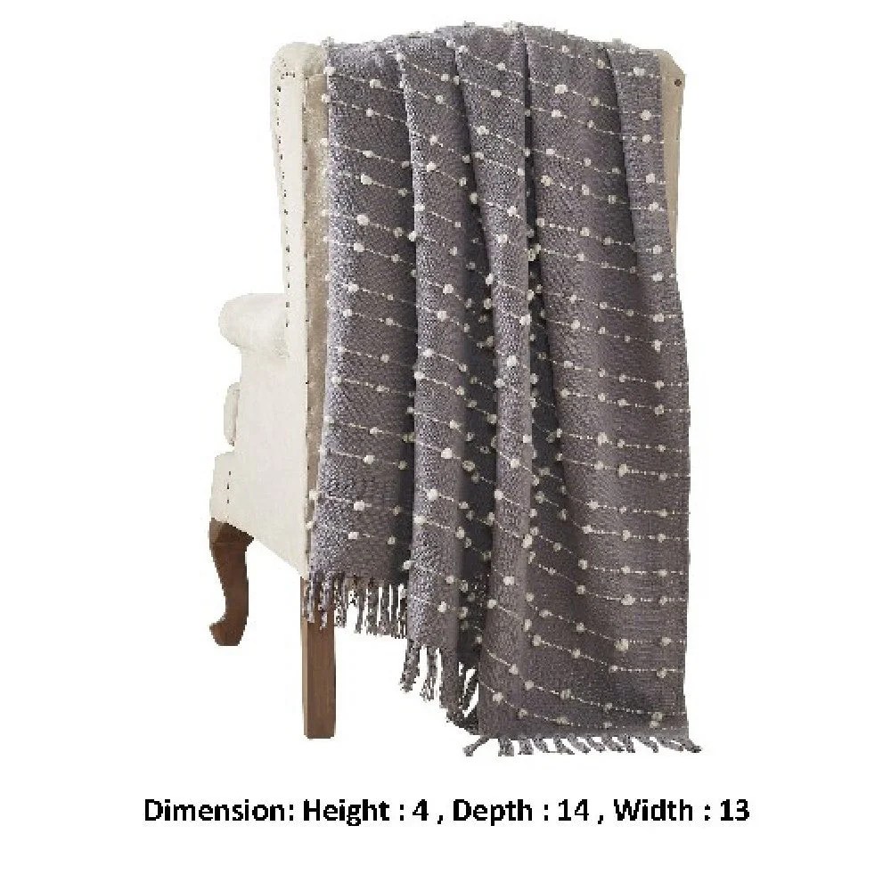 Gray Cotton Throw Blanket, Pompom Stripe, 60x70