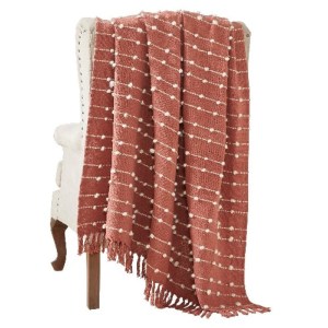 Red Cotton Throw Blanket, Pompom Stripe, 60x70 Inches