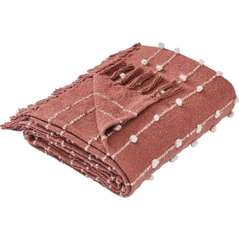 Red Cotton Throw Blanket, Pompom Stripe, 60x70 Inches