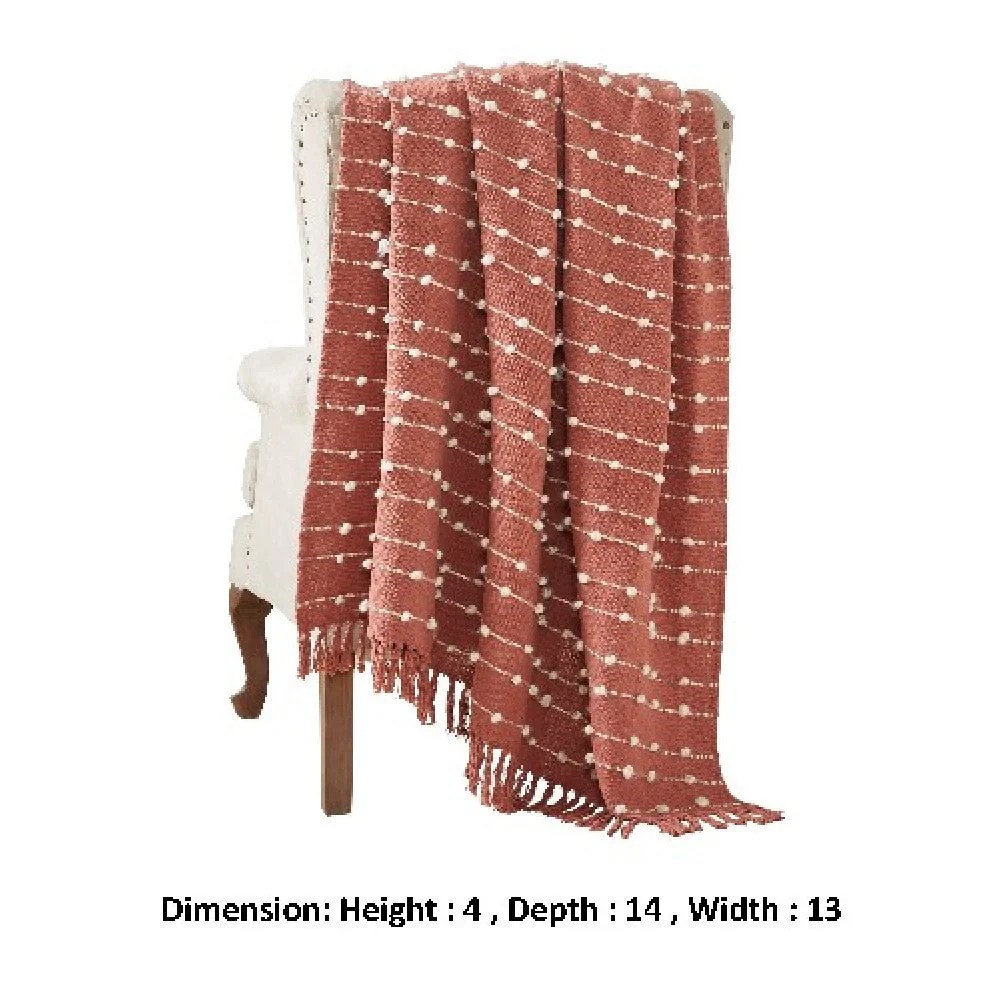 Red Cotton Throw Blanket, Pompom Stripe, 60x70 Inches