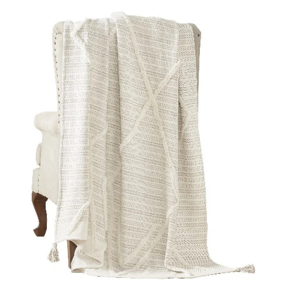 Off-White Cotton Throw Blanket, Diamond Pattern, Tassels, 60x70