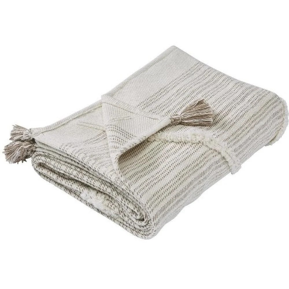Off-White Cotton Throw Blanket, Diamond Pattern, Tassels, 60x70
