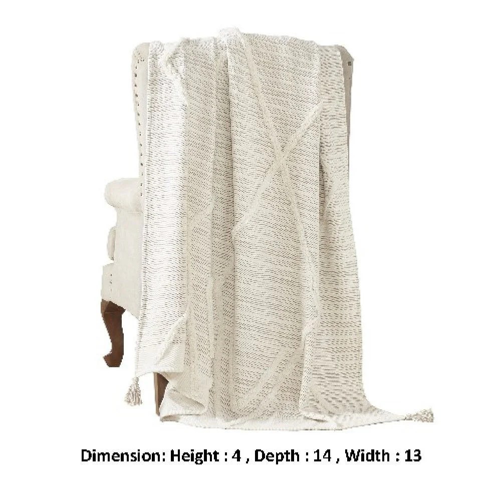 Off-White Cotton Throw Blanket, Diamond Pattern, Tassels, 60x70