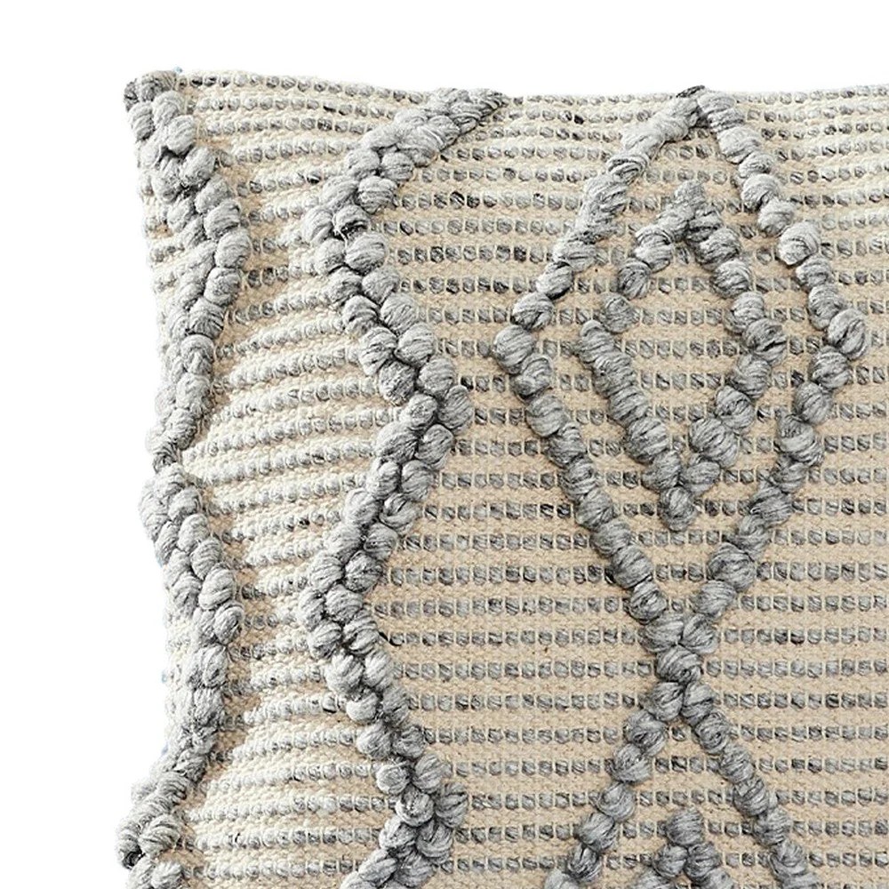 18" Beaded Diamond Throw Pillow Cover, Beige & Blue, Wool Blend