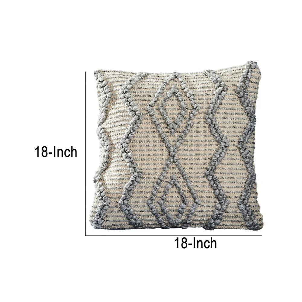 18" Beaded Diamond Throw Pillow Cover, Beige & Blue, Wool Blend