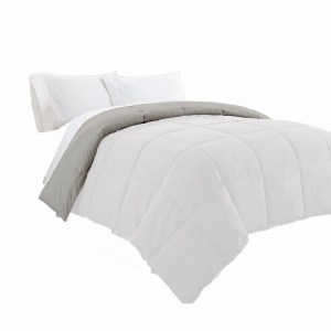 Queen Comforter, White Gray Microfiber, Reversible, Soft, Down Alternative