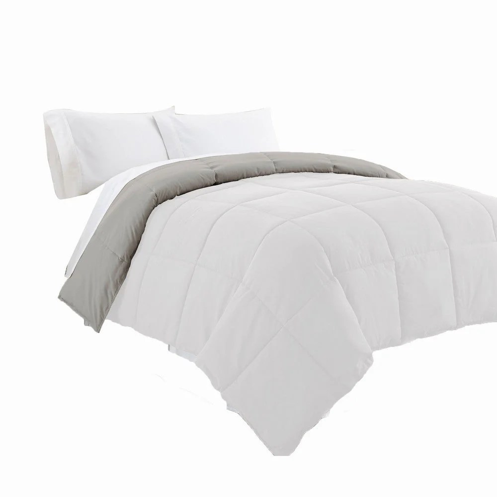 Queen Comforter, White Gray Microfiber, Reversible, Soft, Down Alternative