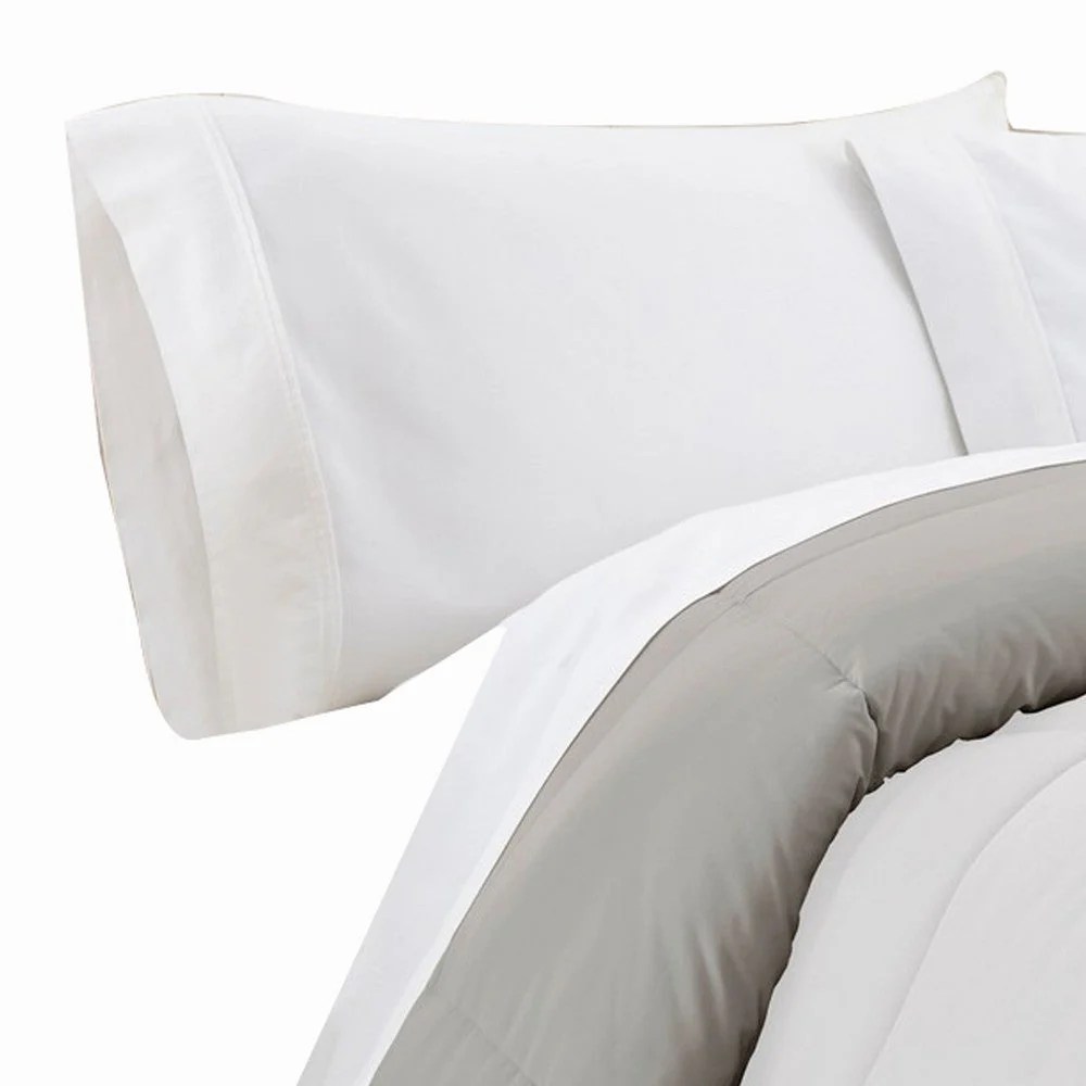 Queen Comforter, White Gray Microfiber, Reversible, Soft, Down Alternative