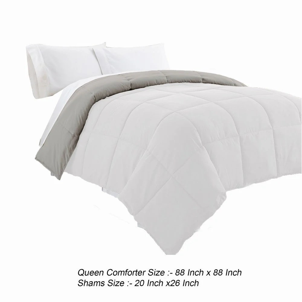 Queen Comforter, White Gray Microfiber, Reversible, Soft, Down Alternative