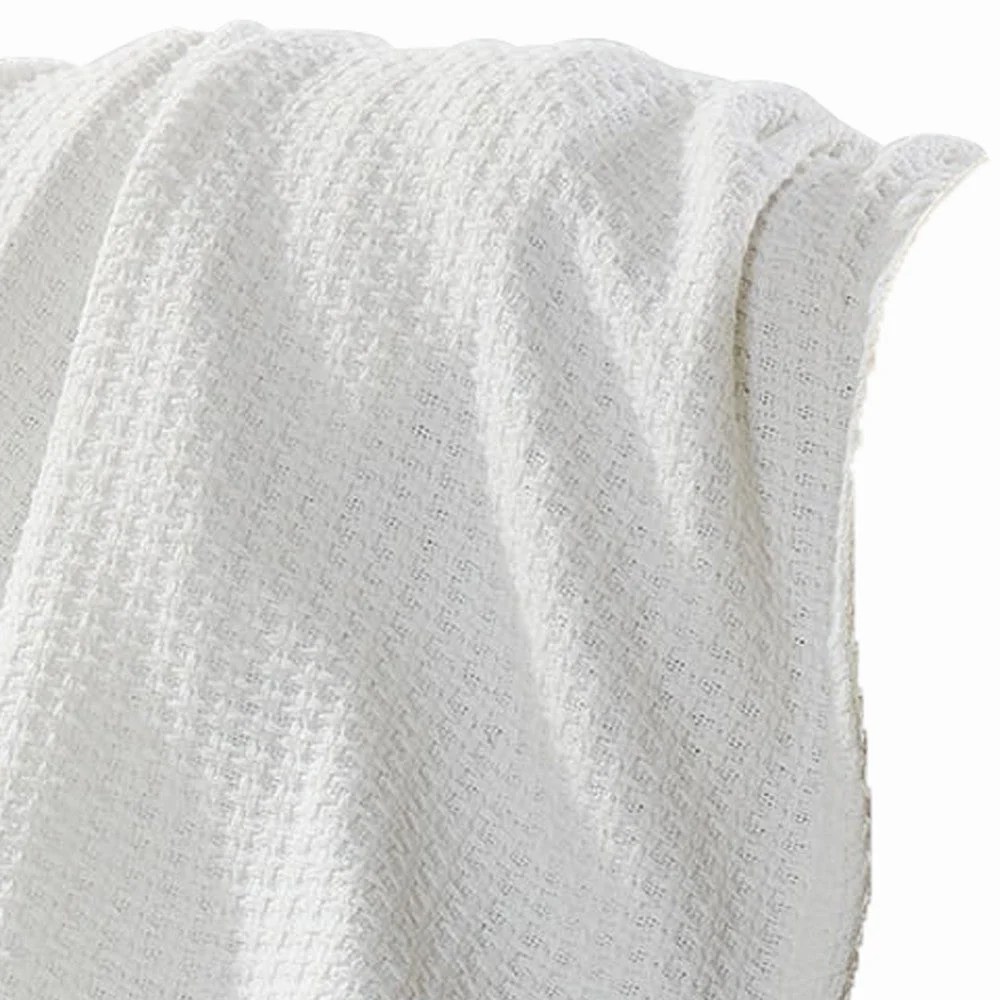 King Size White Cotton Thermal Blanket, Soft Knit, Cozy