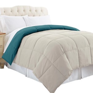 Queen Comforter, Blue Gray, Microfiber, Reversible, Box Quilted