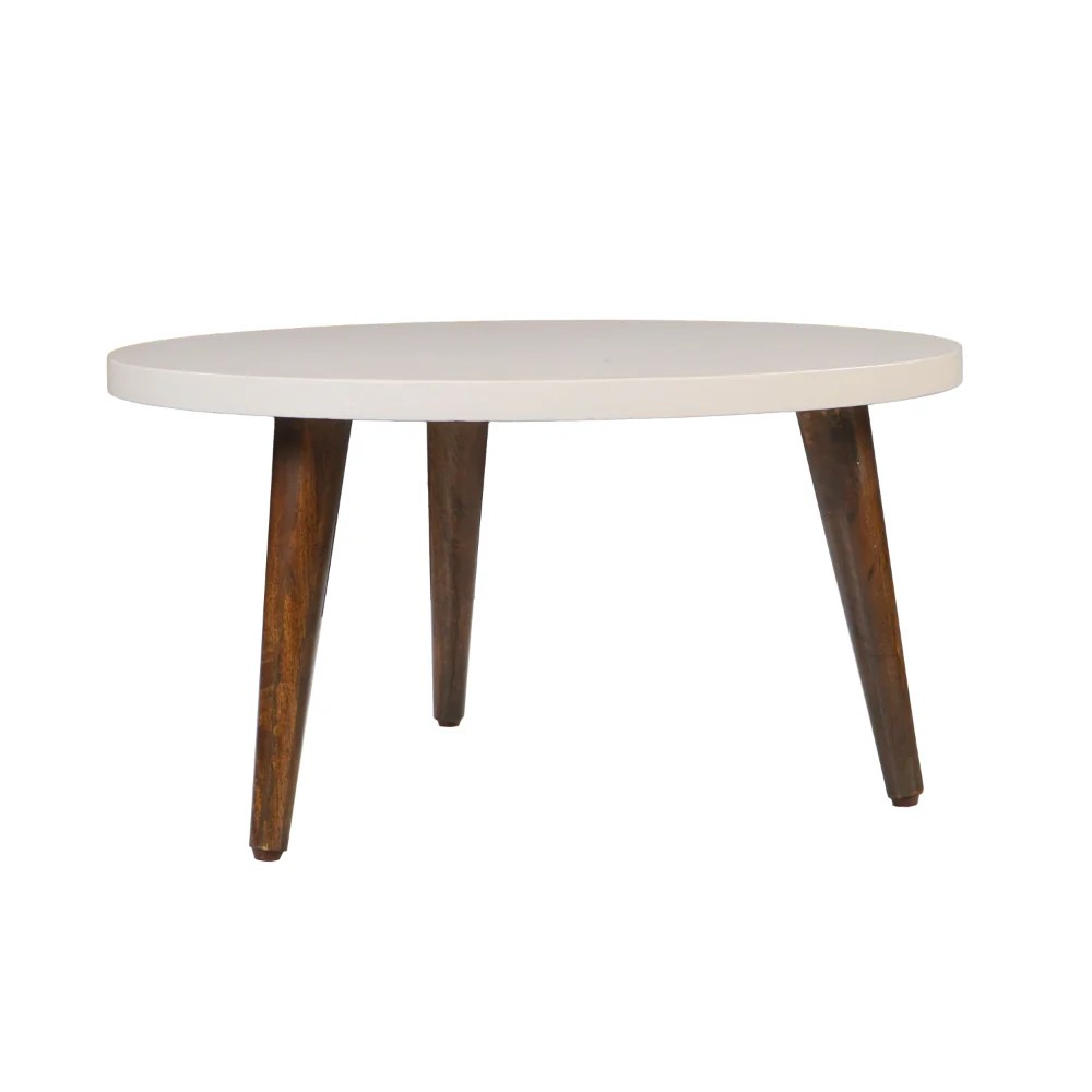 Modern Round Coffee Table, White Top, Brown Legs, 24 Inch