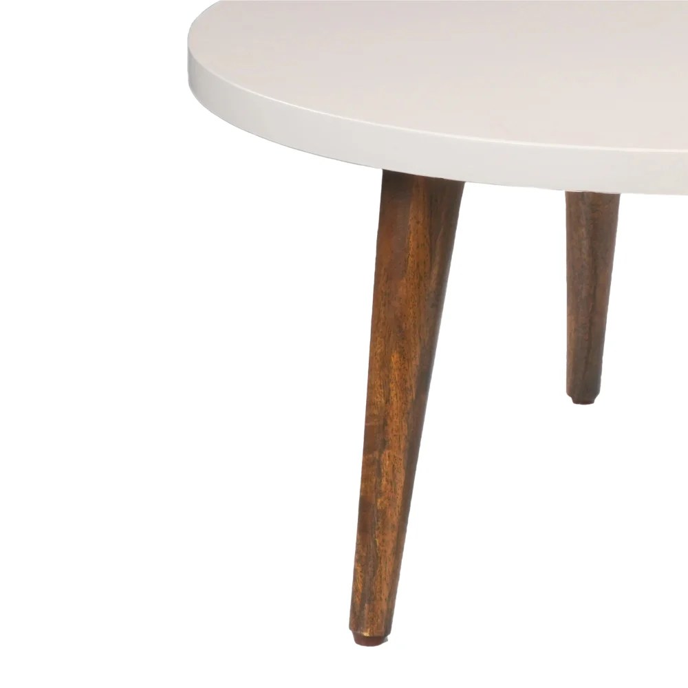 Modern Round Coffee Table, White Top, Brown Legs, 24 Inch