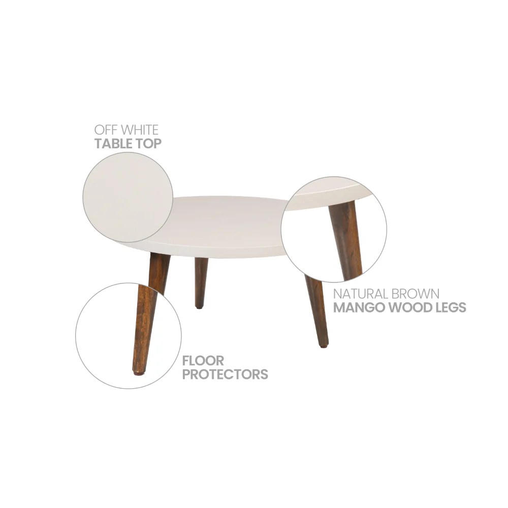 Modern Round Coffee Table, White Top, Brown Legs, 24 Inch