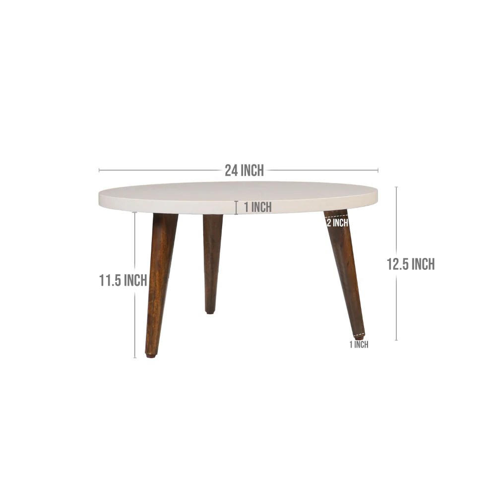 Modern Round Coffee Table, White Top, Brown Legs, 24 Inch
