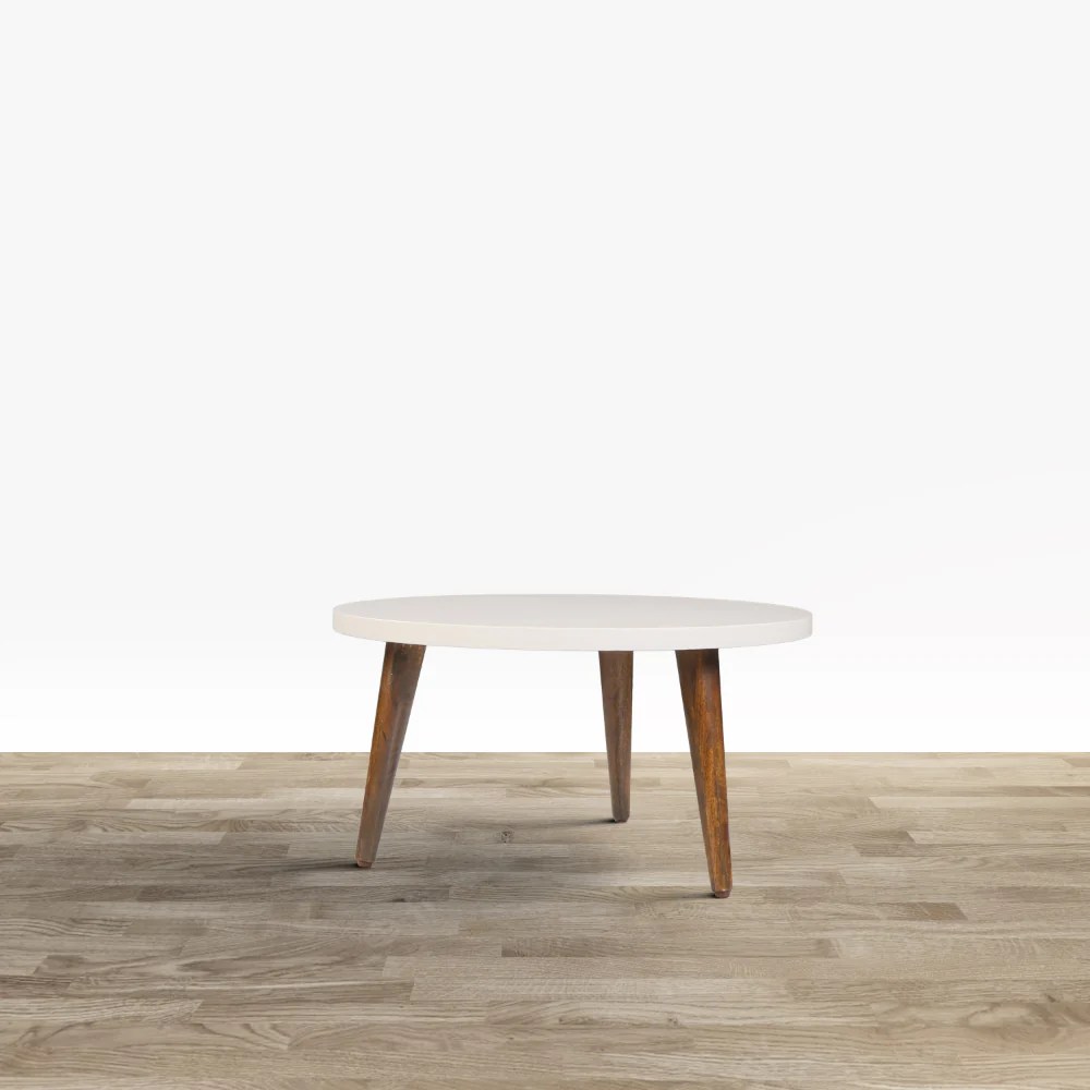 Modern Round Coffee Table, White Top, Brown Legs, 24 Inch