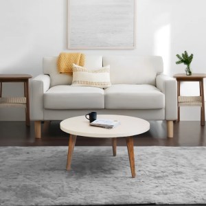 Modern Round Coffee Table, White Top, Brown Legs, 24 Inch