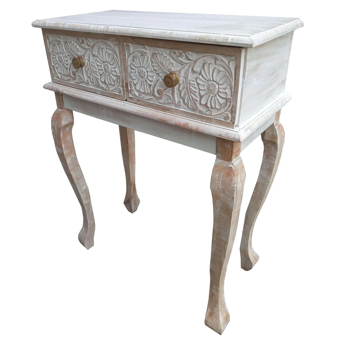 Mango Wood Console Table, Floral Carved, 2 Drawers, Brown White