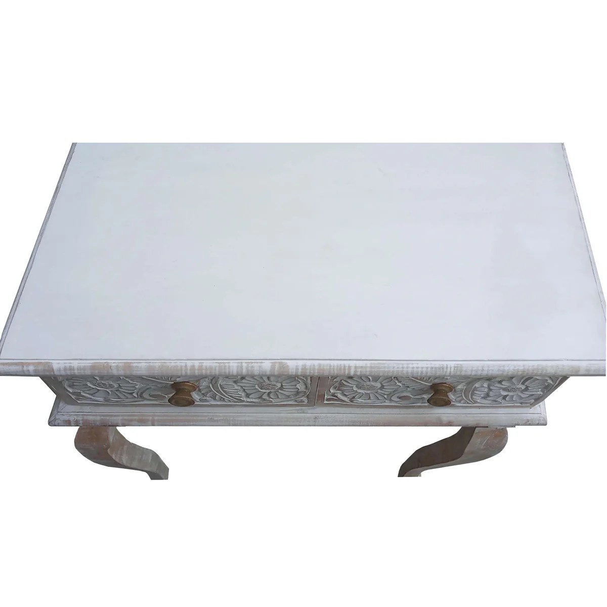 Mango Wood Console Table, Floral Carved, 2 Drawers, Brown White