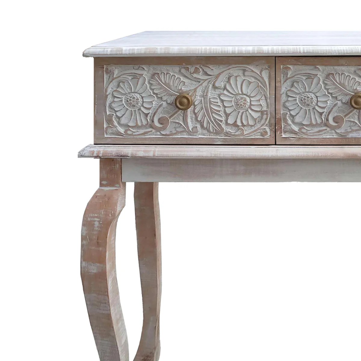 Mango Wood Console Table, Floral Carved, 2 Drawers, Brown White