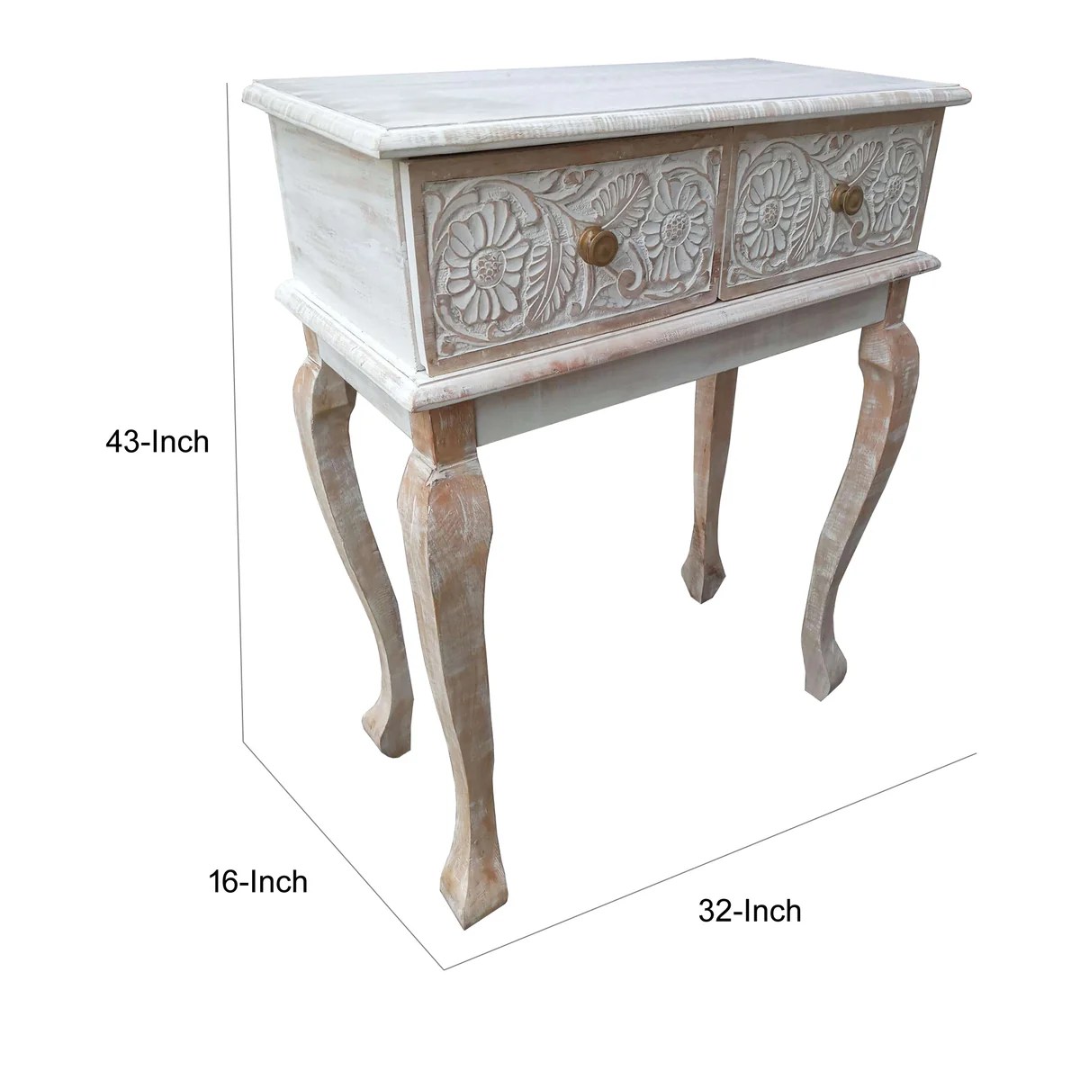 Mango Wood Console Table, Floral Carved, 2 Drawers, Brown White