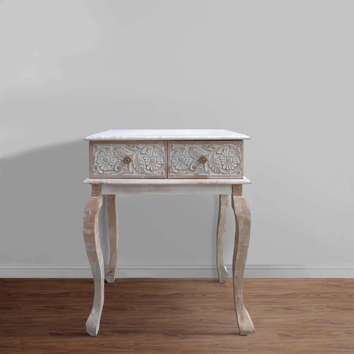 Mango Wood Console Table, Floral Carved, 2 Drawers, Brown White