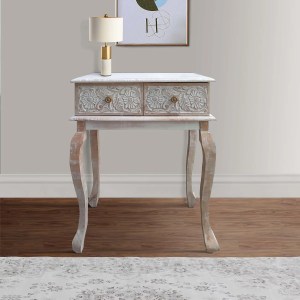 Mango Wood Console Table, Floral Carved, 2 Drawers, Brown White