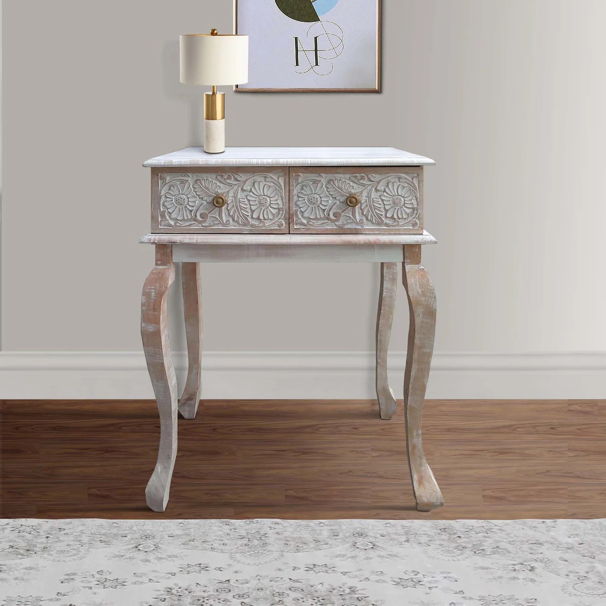 Mango Wood Console Table, Floral Carved, 2 Drawers, Brown White