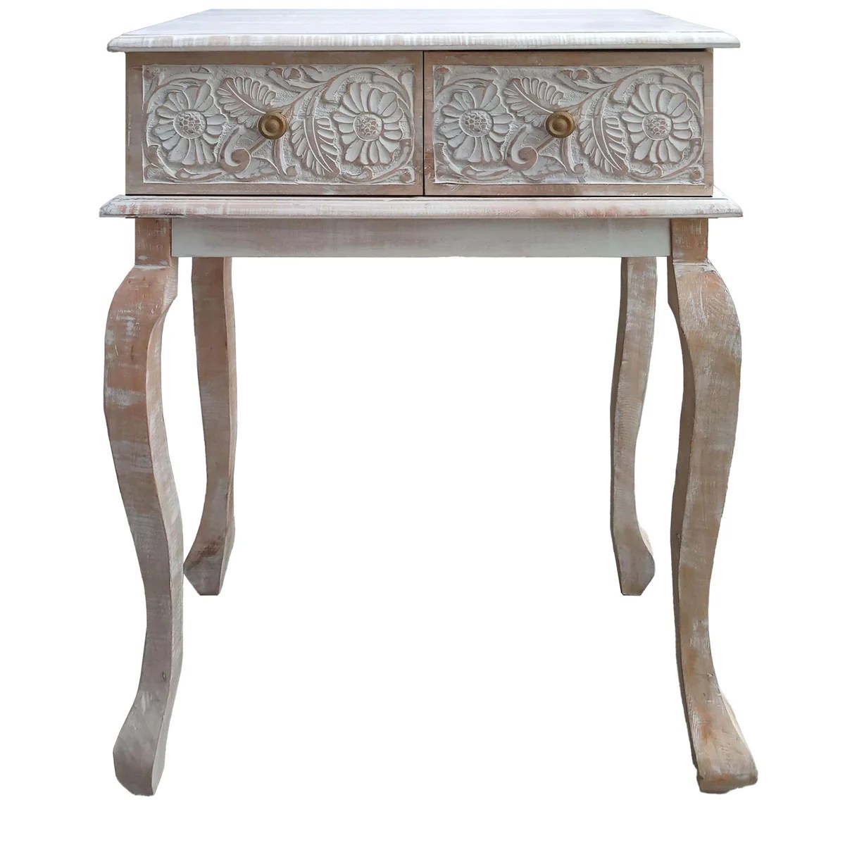 Mango Wood Console Table, Floral Carved, 2 Drawers, Brown White