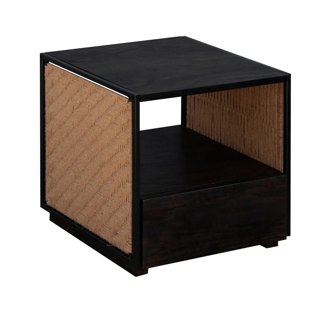 Acacia Wood Nightstand, Jute Side Table, Cottage Style