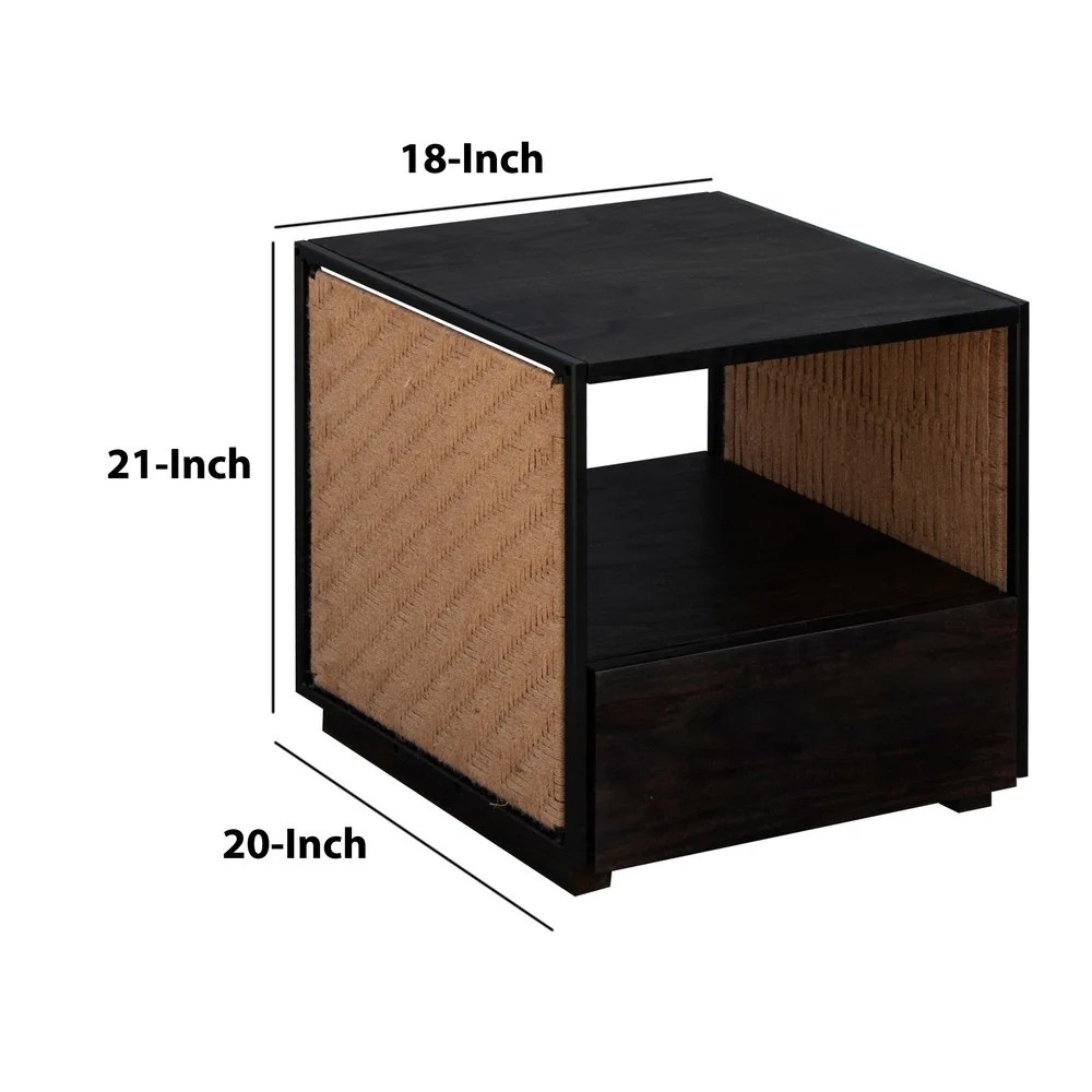 Acacia Wood Nightstand, Jute Side Table, Cottage Style
