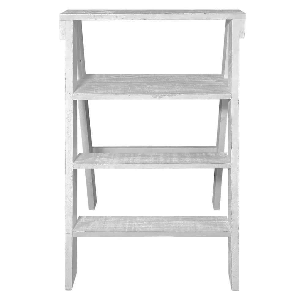 White Pinewood Ladder Bookcase, 4-Tier Shelf, Coastal