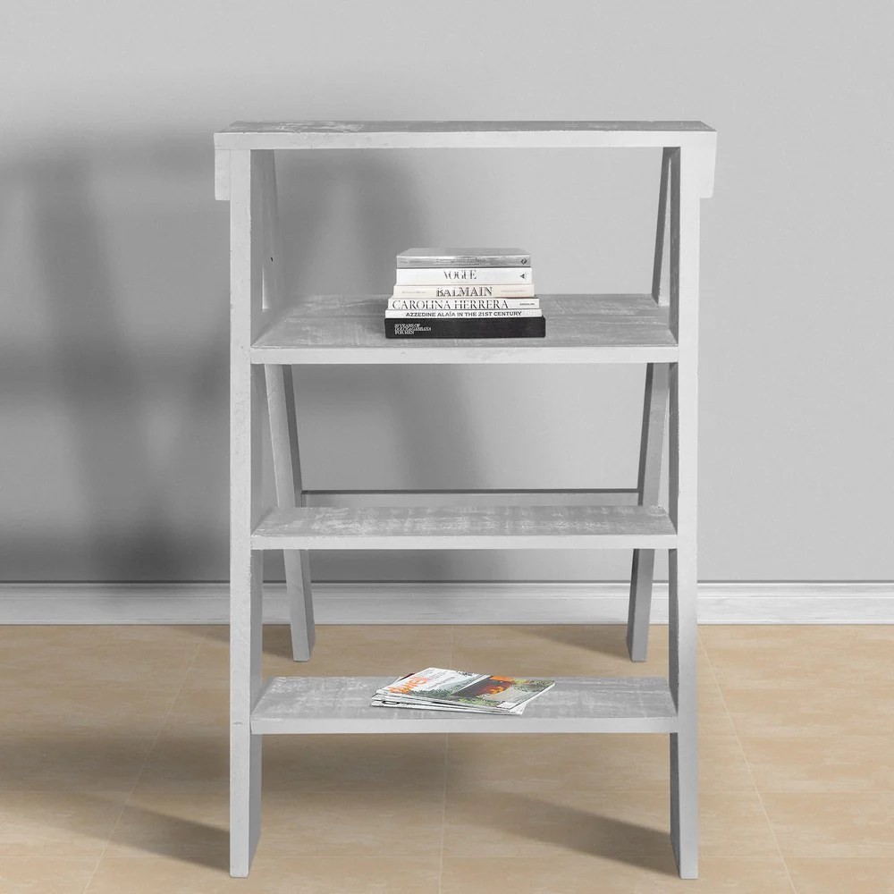 White Pinewood Ladder Bookcase, 4-Tier Shelf, Coastal