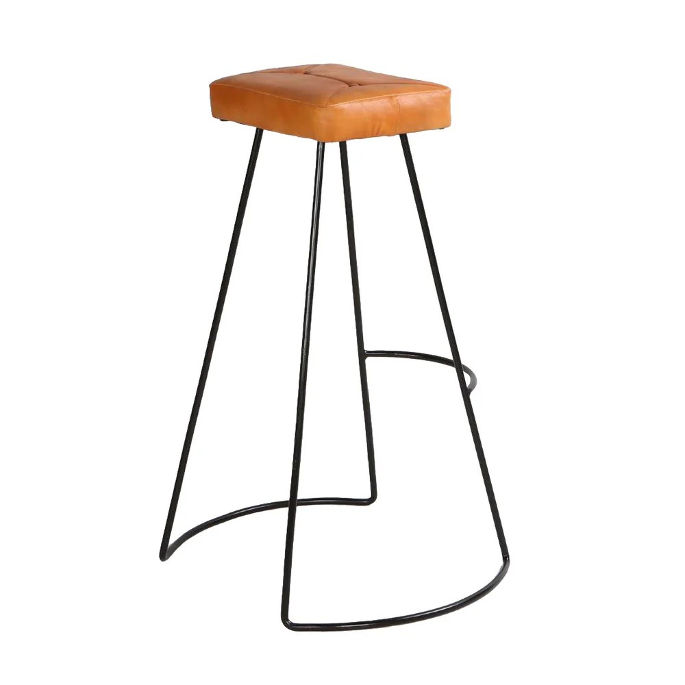 Tan Brown Leather Bar Stool, Modern Metal Frame, 32"