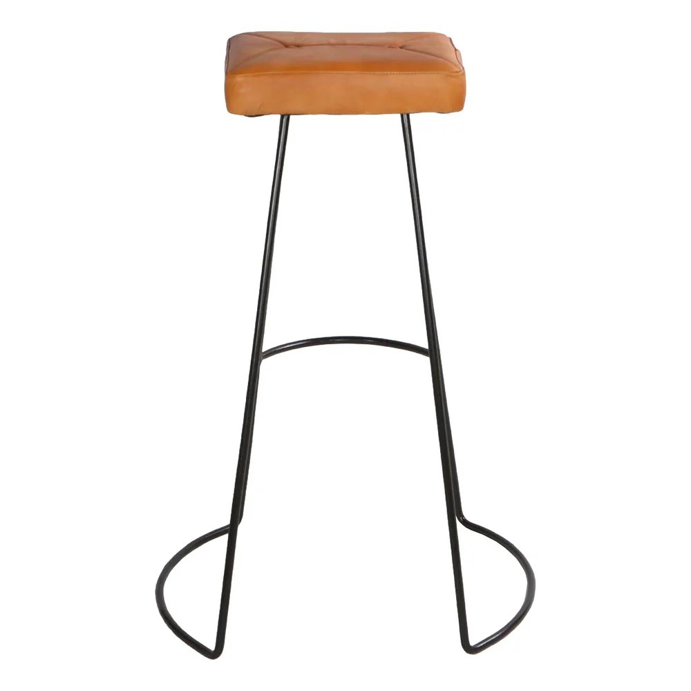 Tan Brown Leather Bar Stool, Modern Metal Frame, 32"