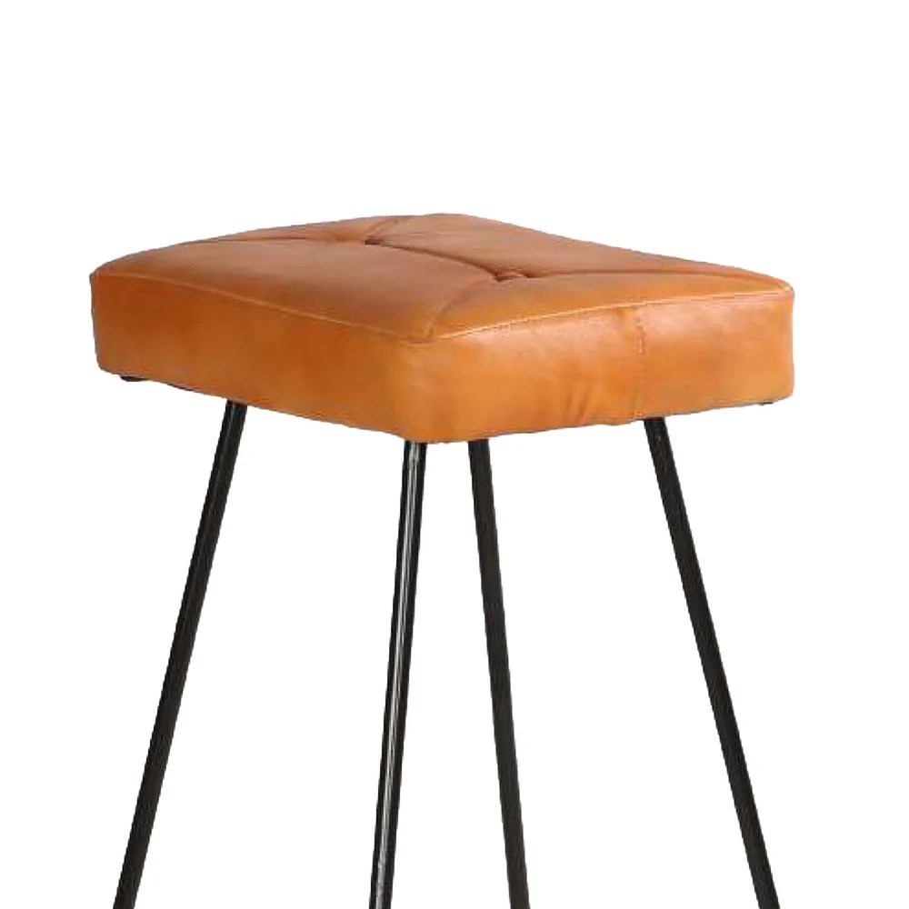Tan Brown Leather Bar Stool, Modern Metal Frame, 32"