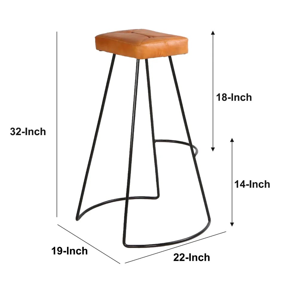 Tan Brown Leather Bar Stool, Modern Metal Frame, 32"