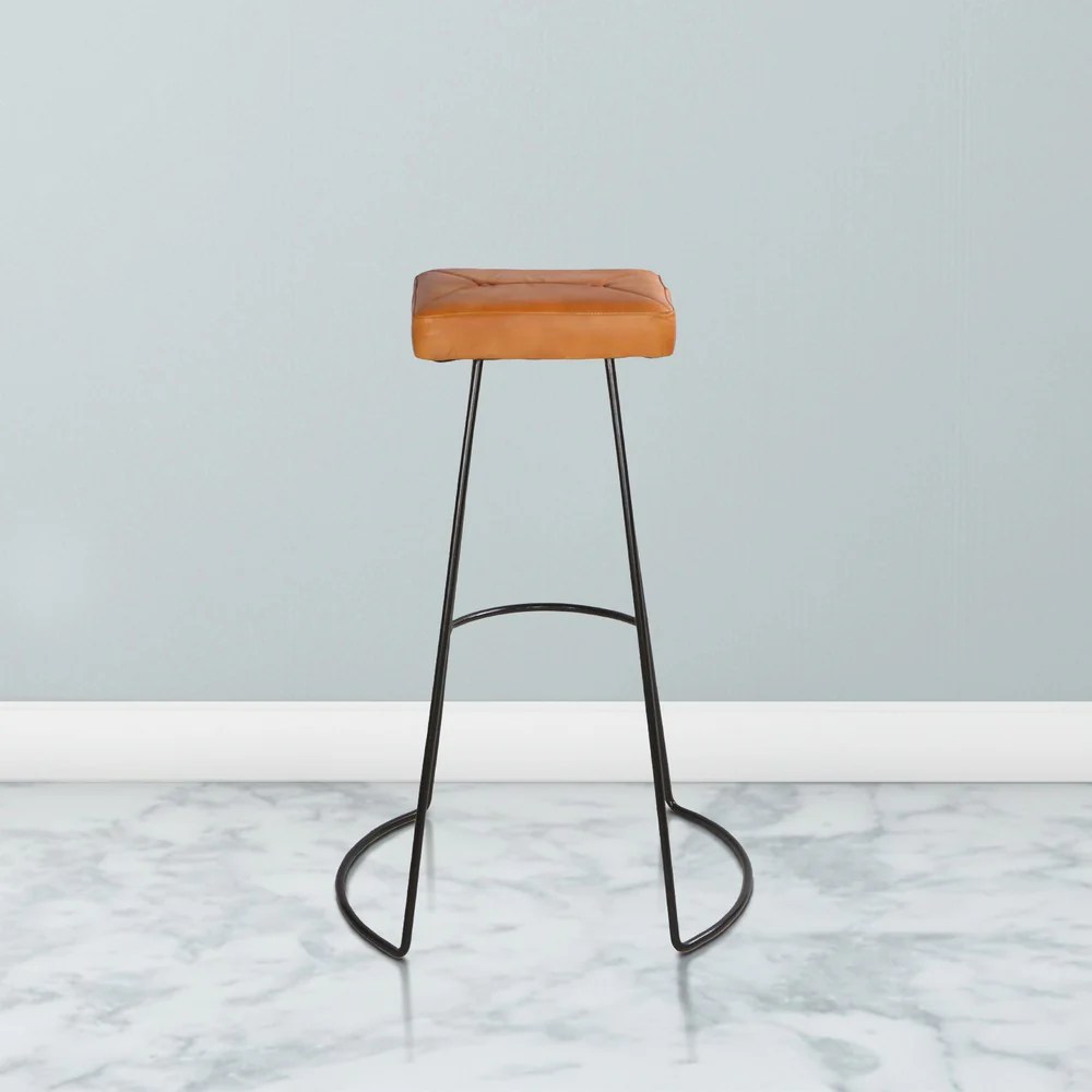Tan Brown Leather Bar Stool, Modern Metal Frame, 32"