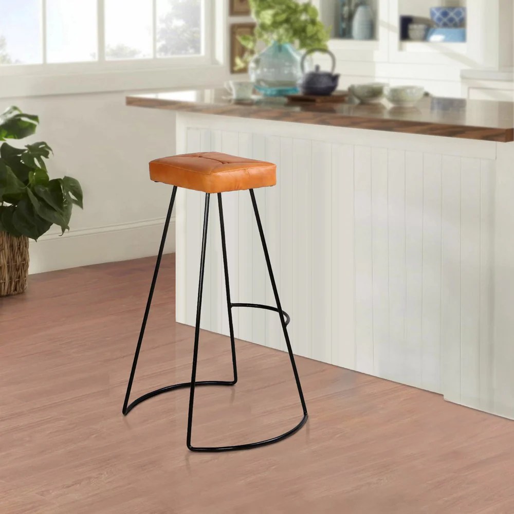 Tan Brown Leather Bar Stool, Modern Metal Frame, 32"
