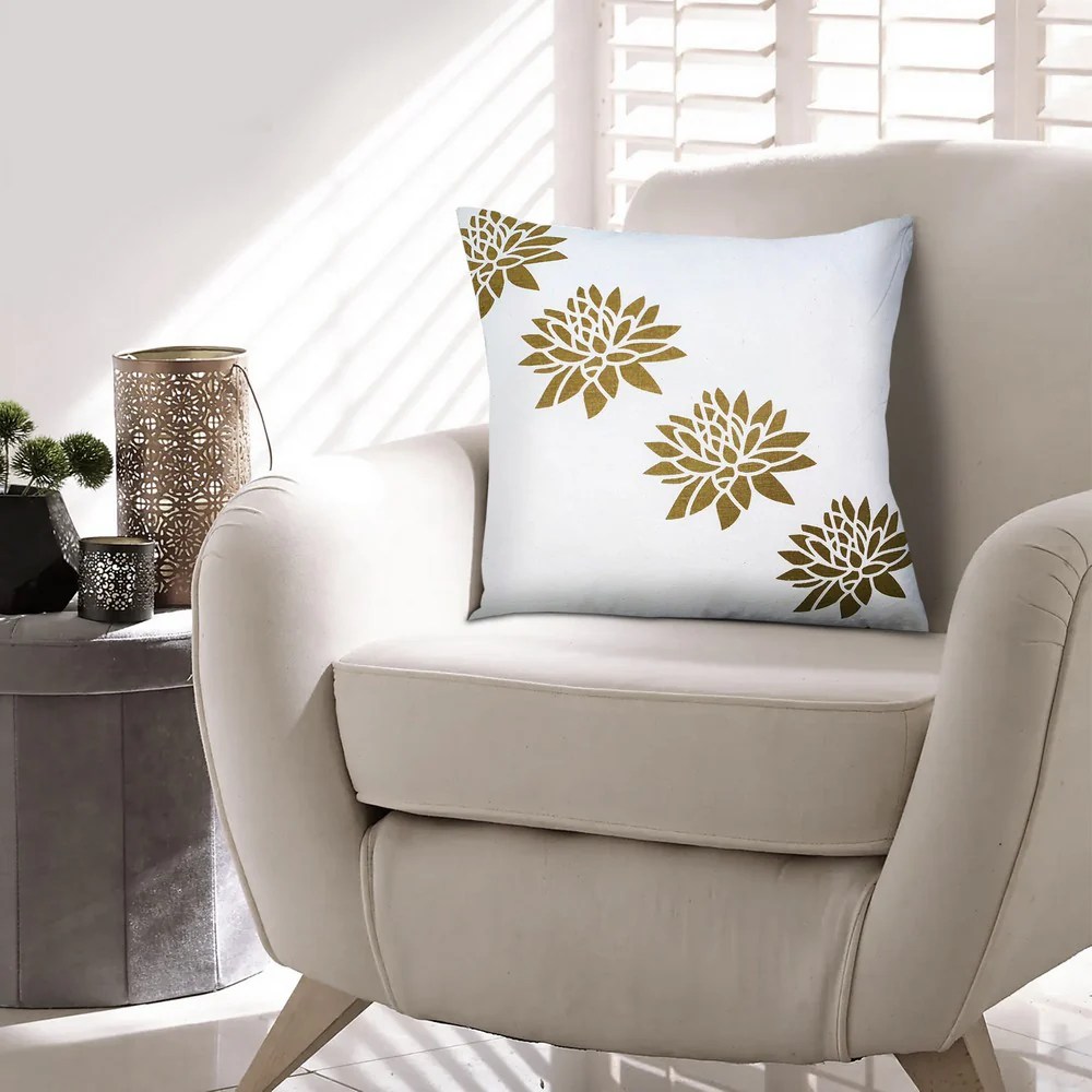 Lotus Flower Throw Pillows, 18x18, Cotton, Gold, White, Set of 2