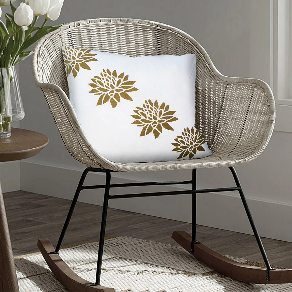 Lotus Flower Throw Pillows, 18x18, Cotton, Gold, White, Set of 2